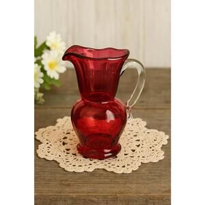 Pilgrim Glass 1960s Cranberry Art Glass Miniature Pitcher Applied Handle, 3x5.5”